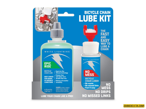 Subicicleta Kit de lubricacion de Cadena, Dipensador + Epic Ride 120ml White Lightning